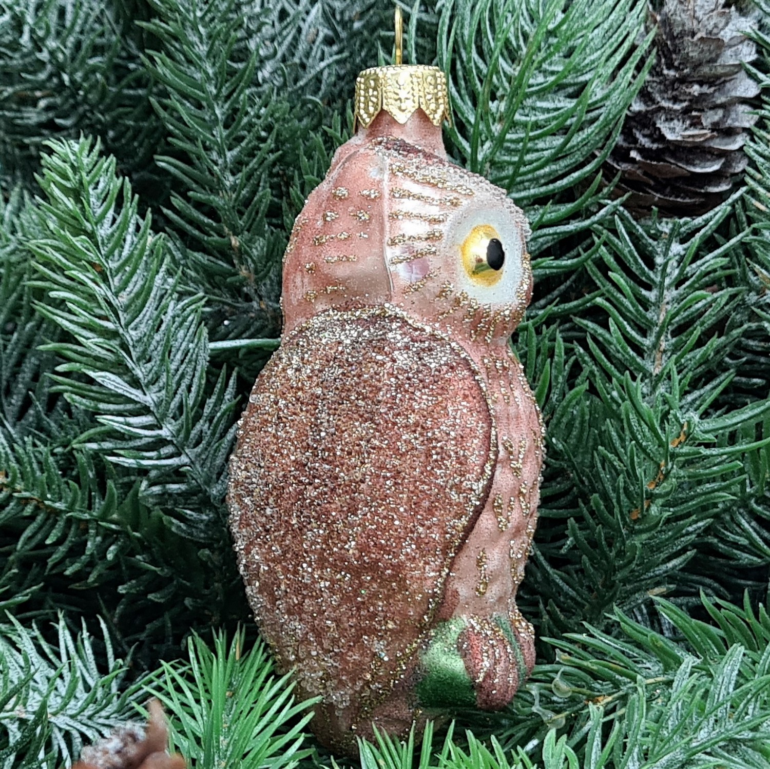 фото Стеклянная елочная игрушка Сова коричневая