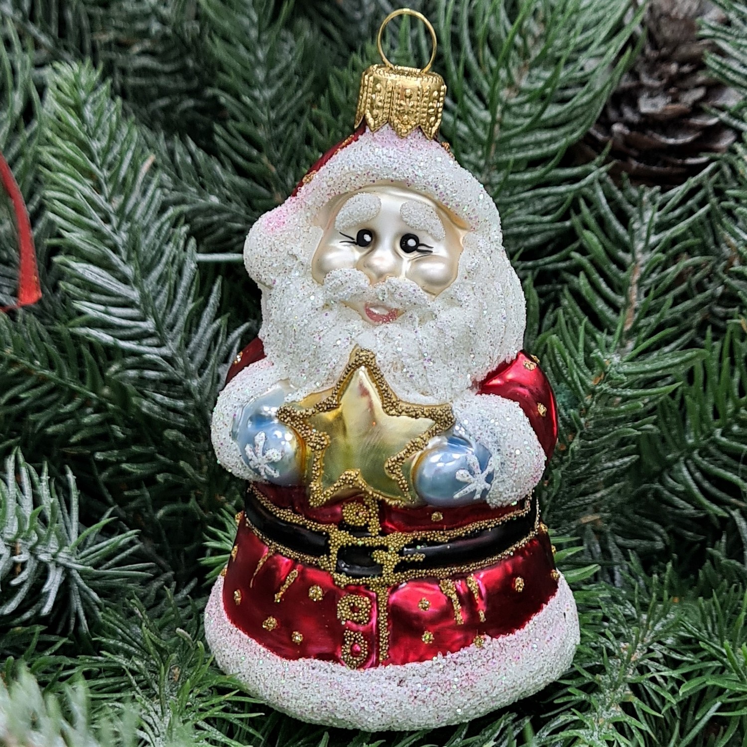 фото Стеклянная елочная игрушка Дед Мороз со звездой