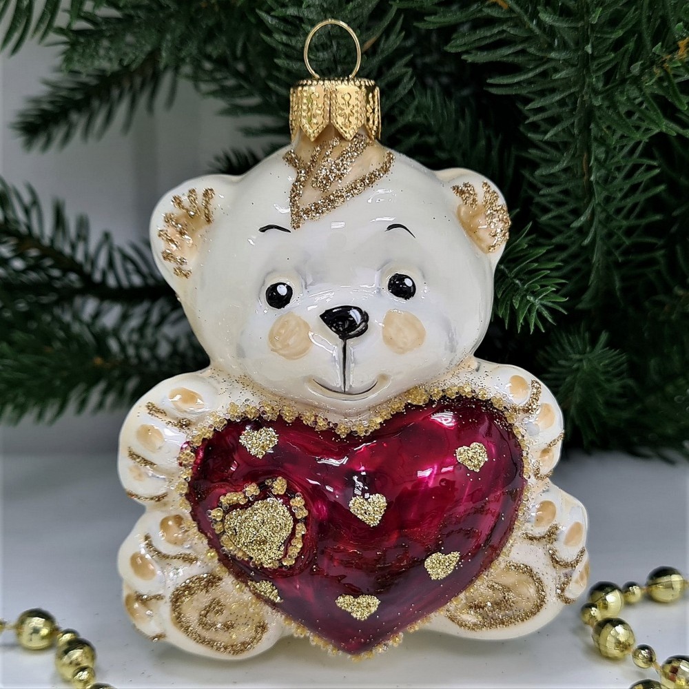 фото Стеклянная елочная игрушка Мишка с сердцем