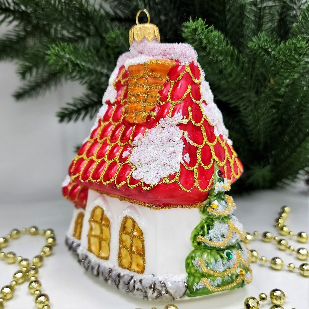 фото Стеклянная елочная игрушка Домик Мельница