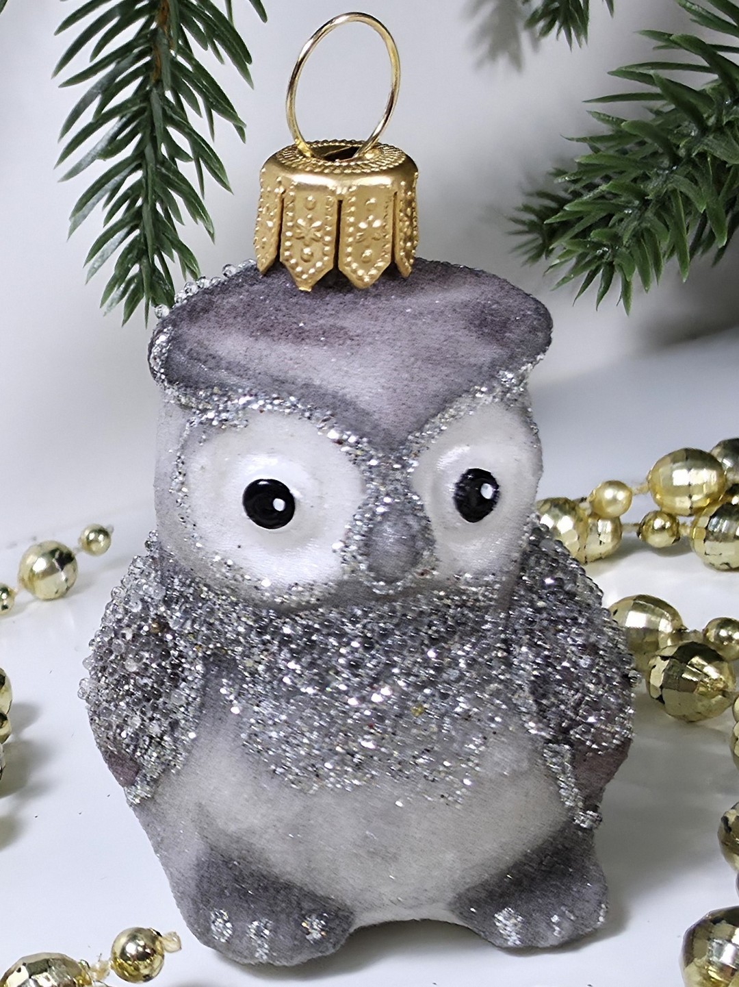 фото Стеклянная елочная игрушка Совушка серая