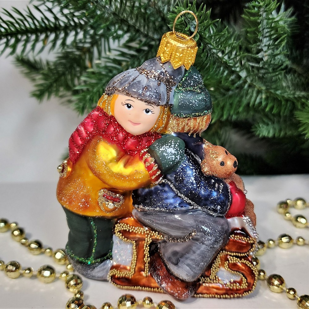 фото Стеклянная елочная игрушка Царские дети на санях