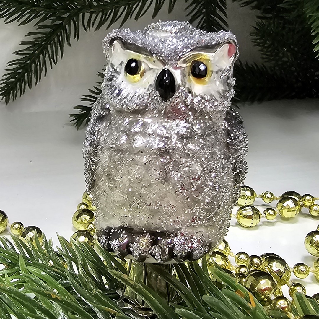 фото Стеклянная елочная игрушка Сова на прищепке
