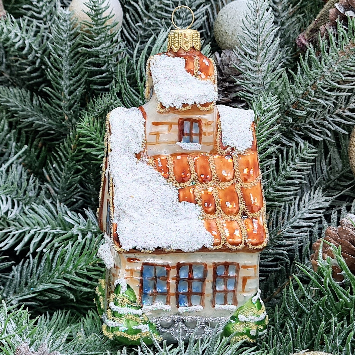 фото Стеклянная елочная игрушка Домик с острой крышей