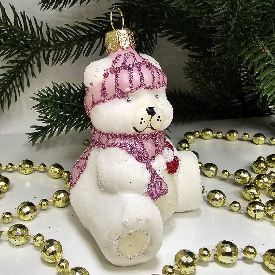 фото Стеклянная елочная игрушка Мишка беби флок