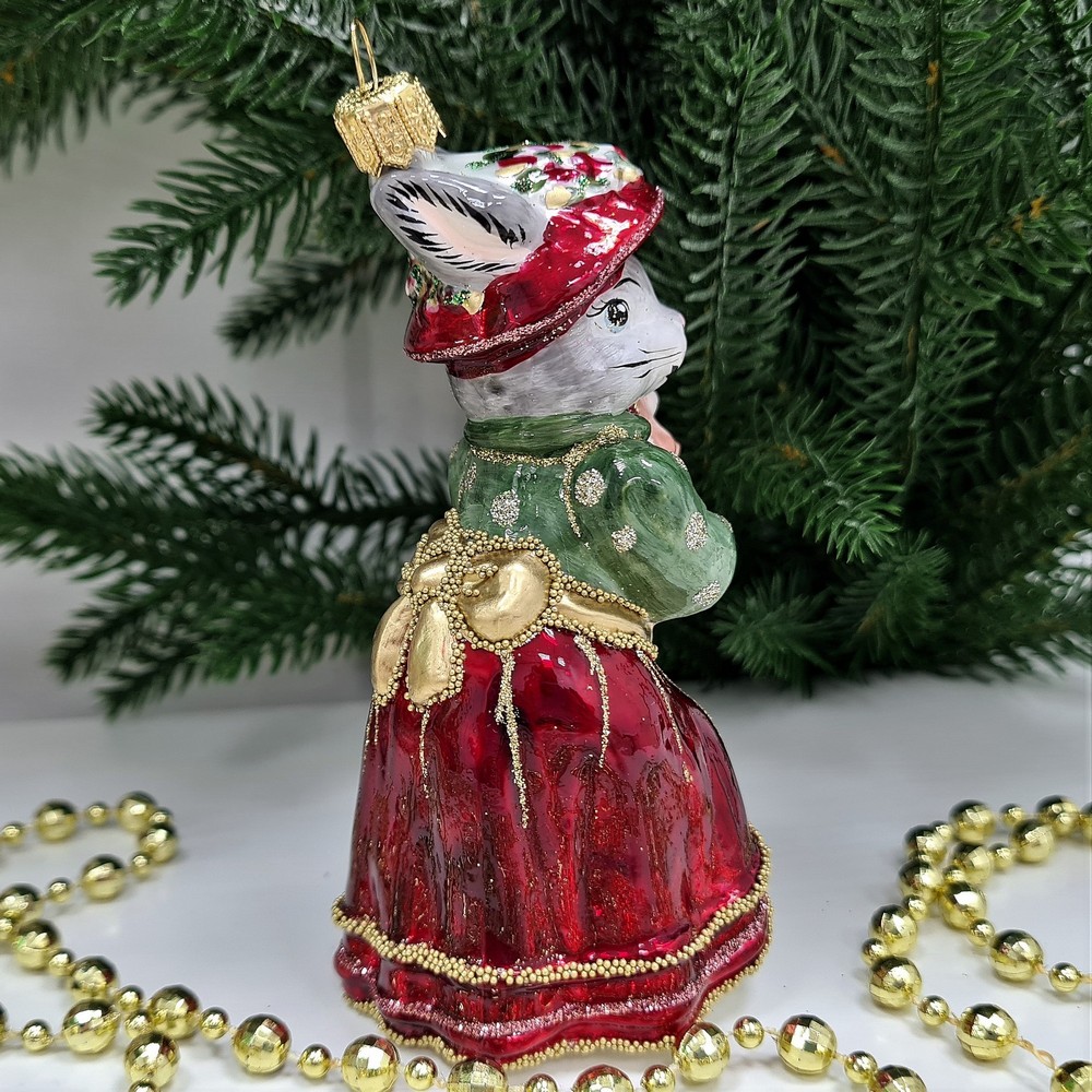 фото Стеклянная елочная игрушка Зайчиха с зайчатами