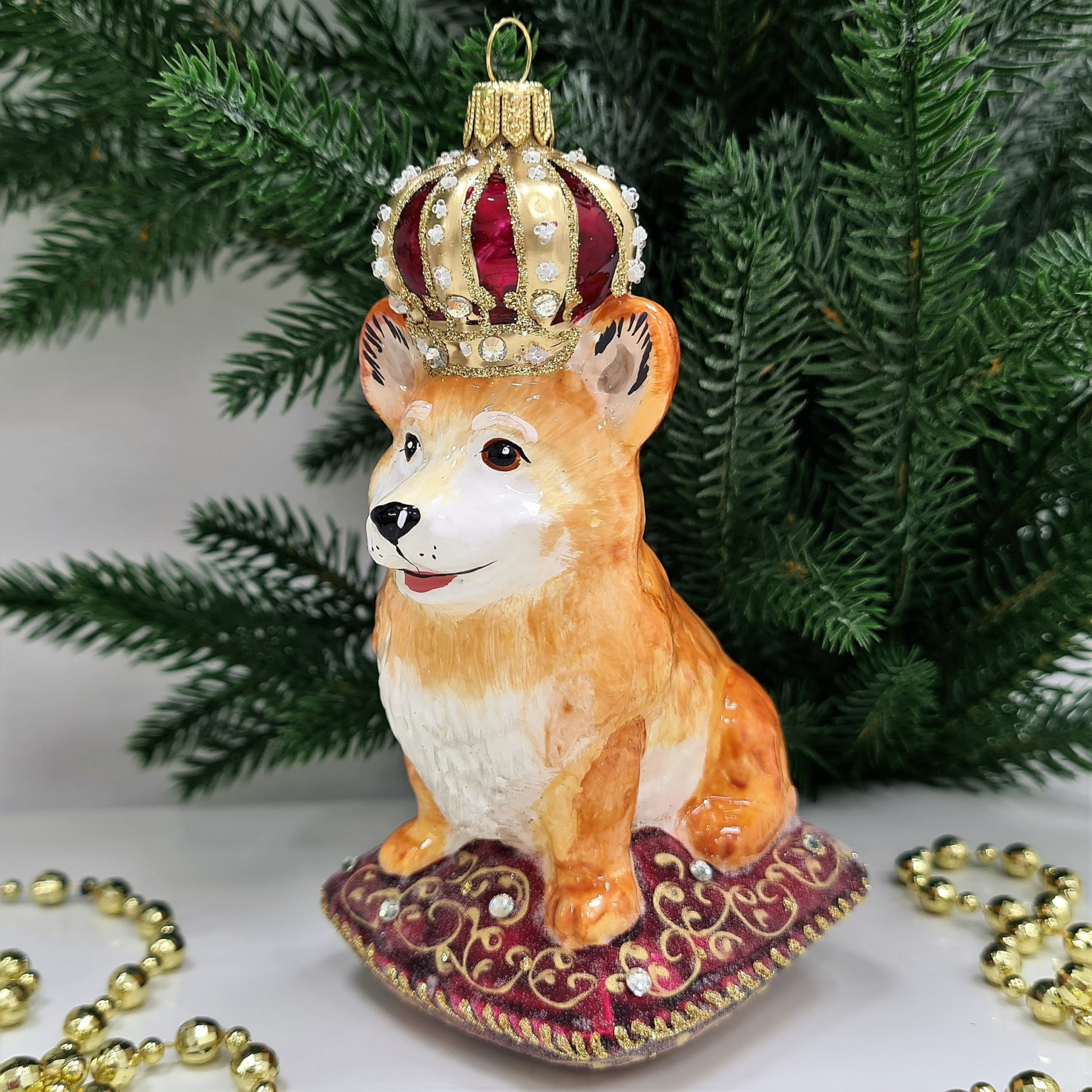 фото Стеклянная елочная игрушка Корги в короне