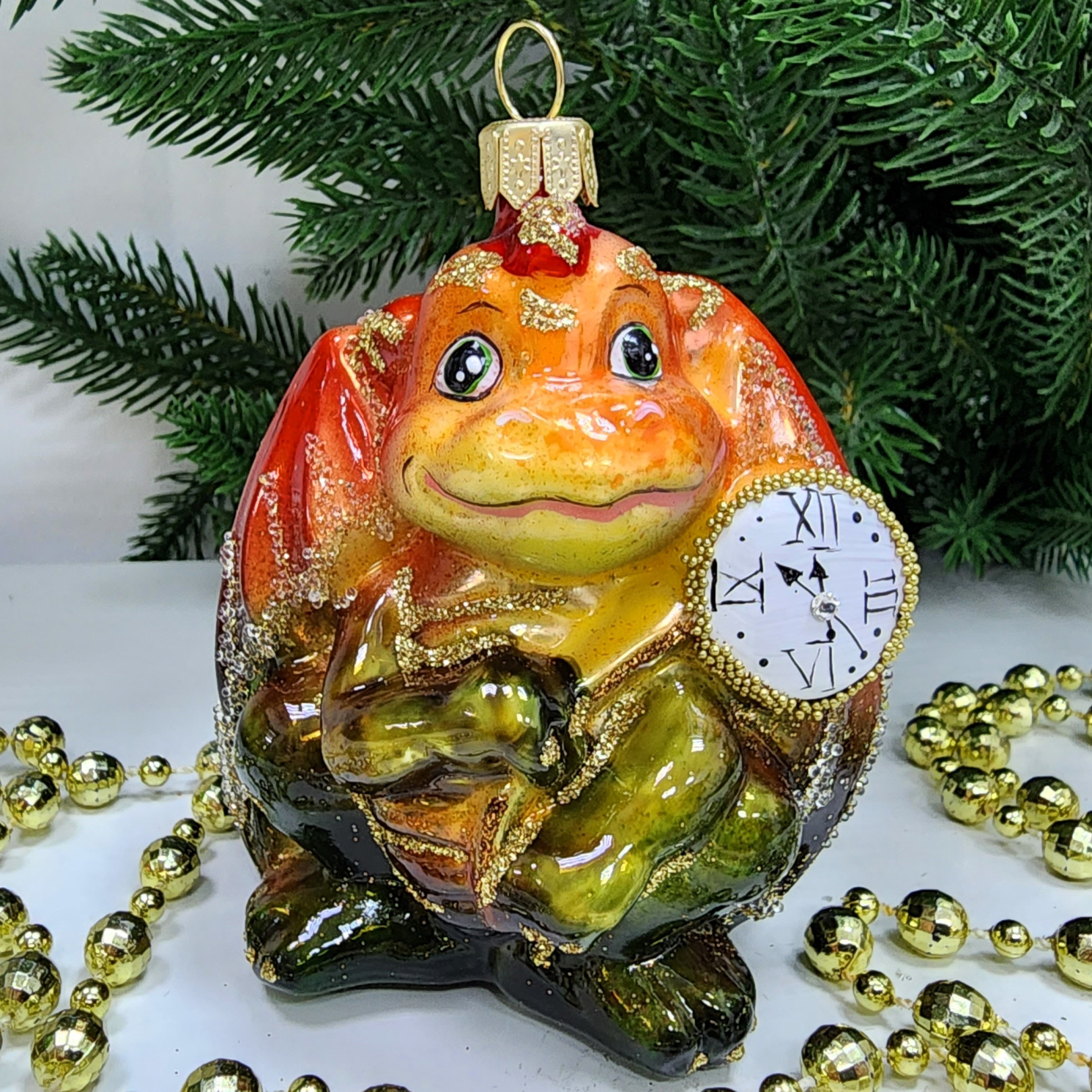 фото Стеклянная елочная игрушка Дракончик с часиками