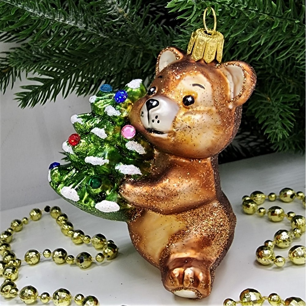 фото Стеклянная елочная игрушка Мишка с елкой