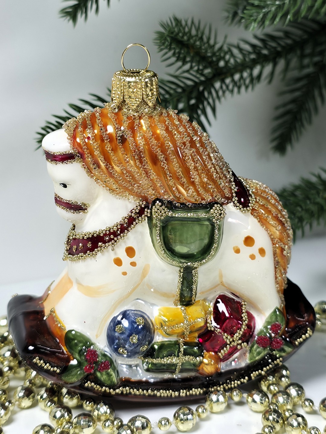 фото Стеклянная елочная игрушка Лошадка качалка