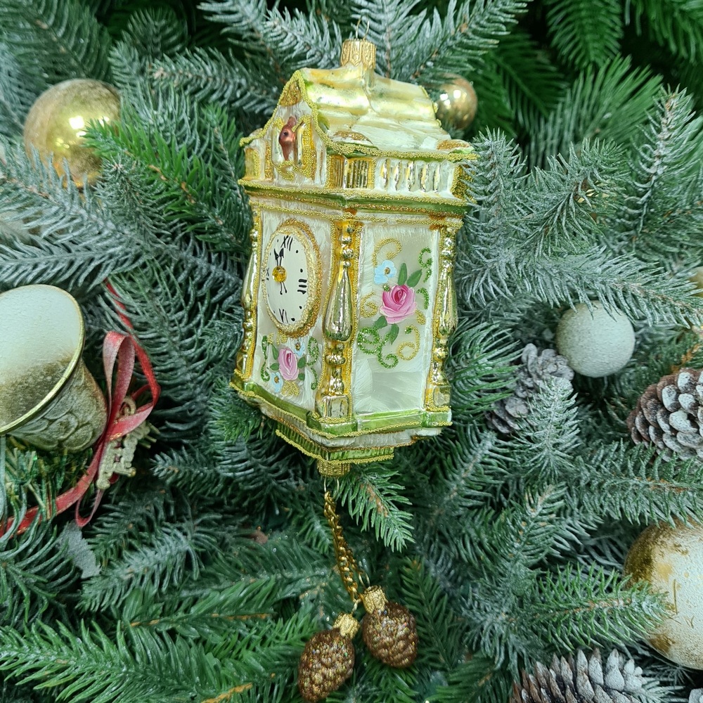 фото Стеклянная елочная игрушка Часы с кукушкой большие Версаль