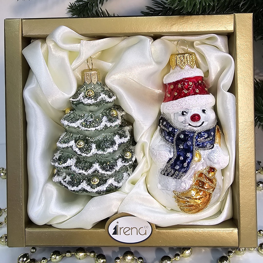 фото Набор стеклянных ёлочных игрушек Irena-Co Снеговик с метлой и елочка