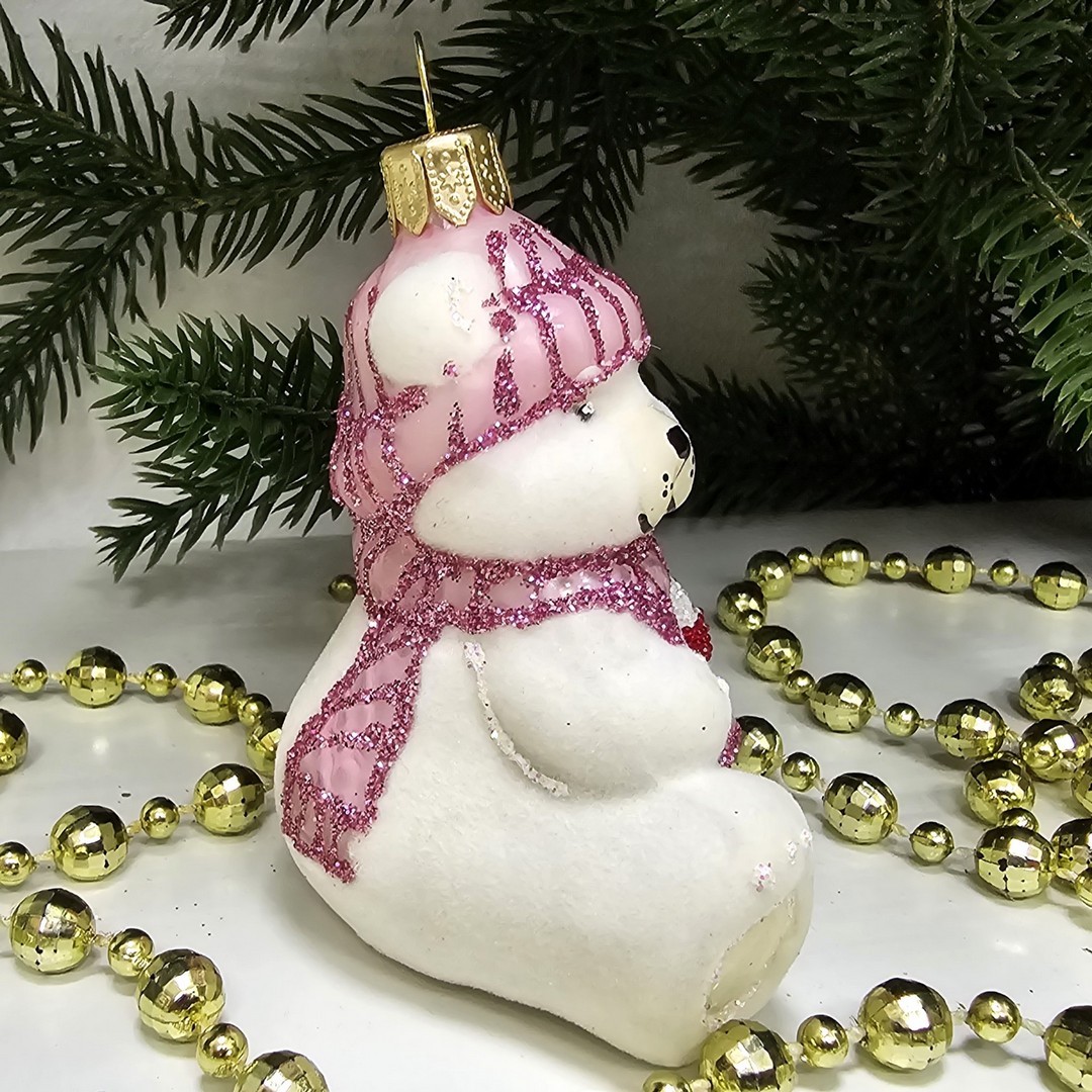 фото Стеклянная елочная игрушка Мишка беби флок