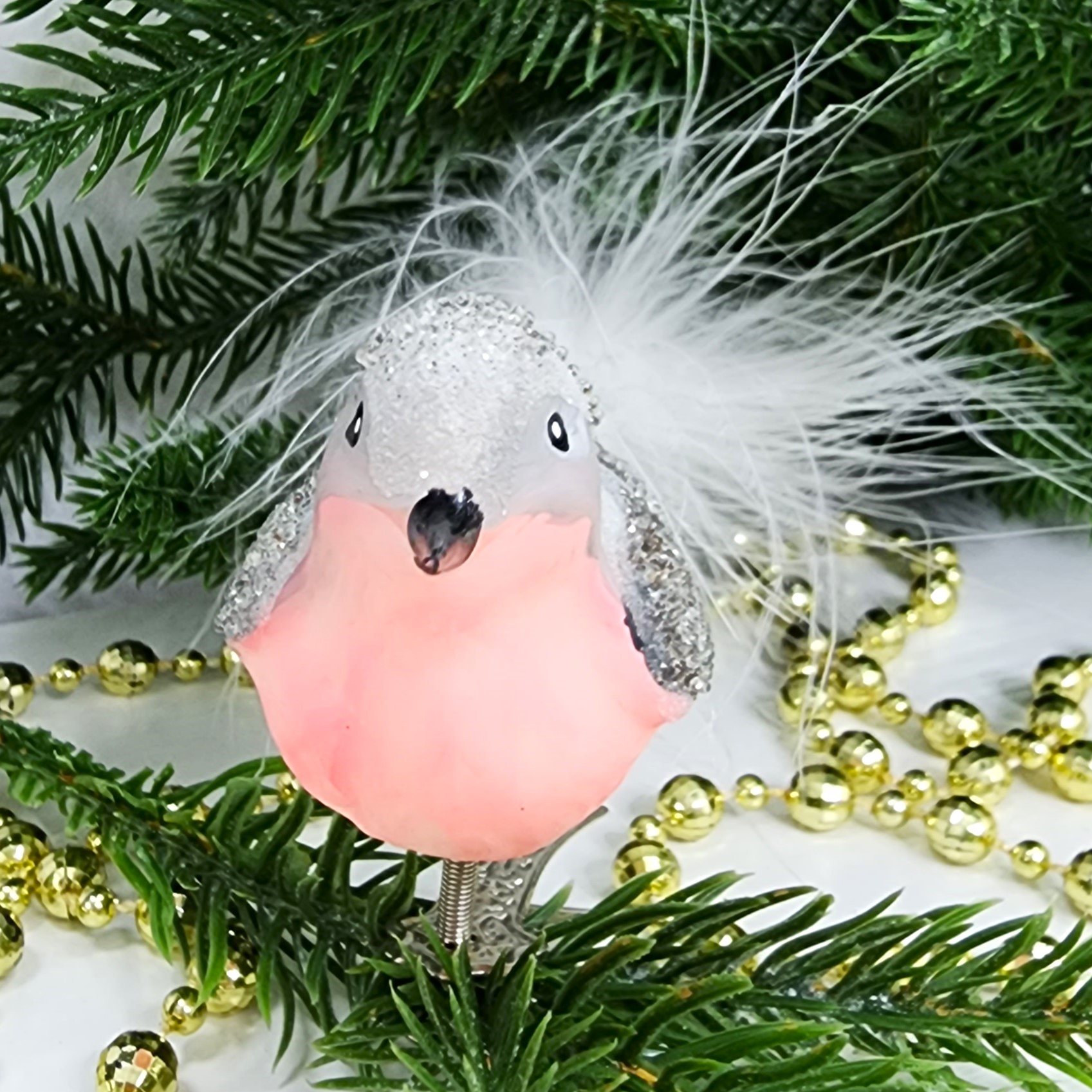 фото Стеклянная елочная игрушка Снегирь на прищепке