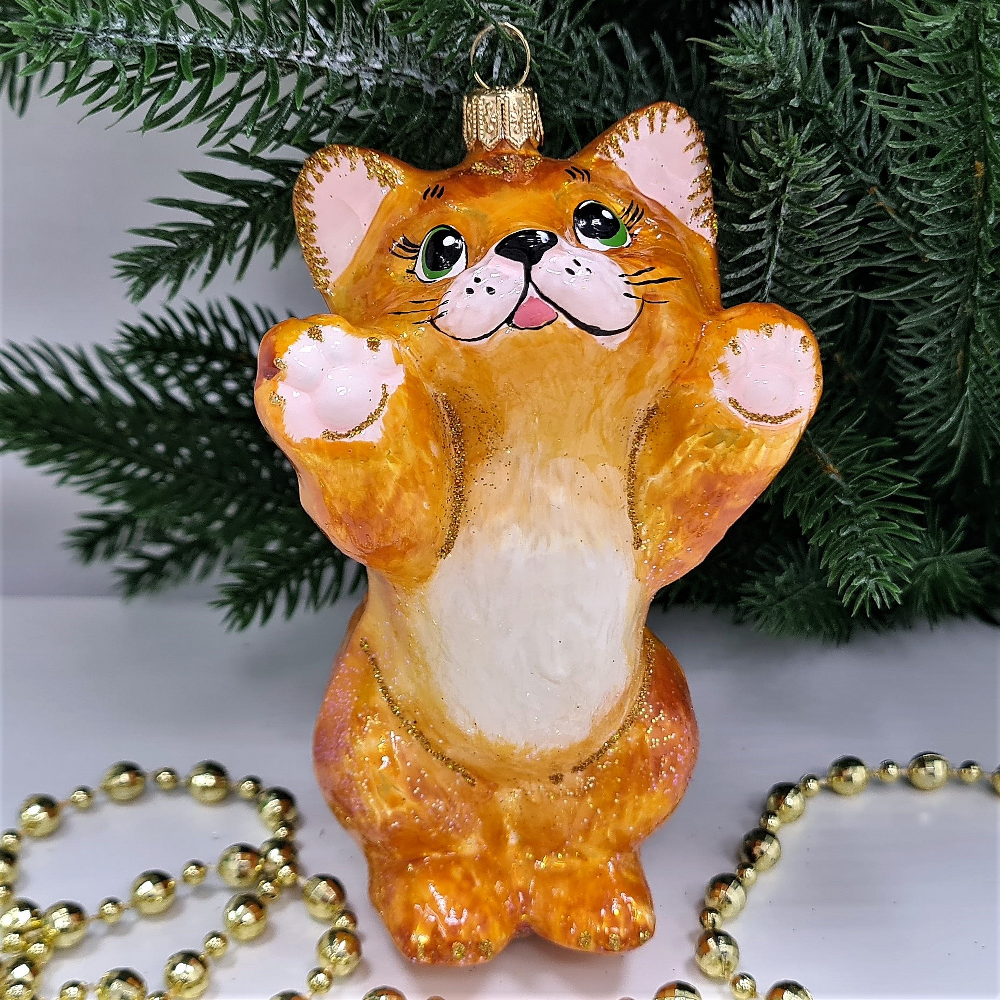 фото Стеклянная елочная игрушка Рыжий котик