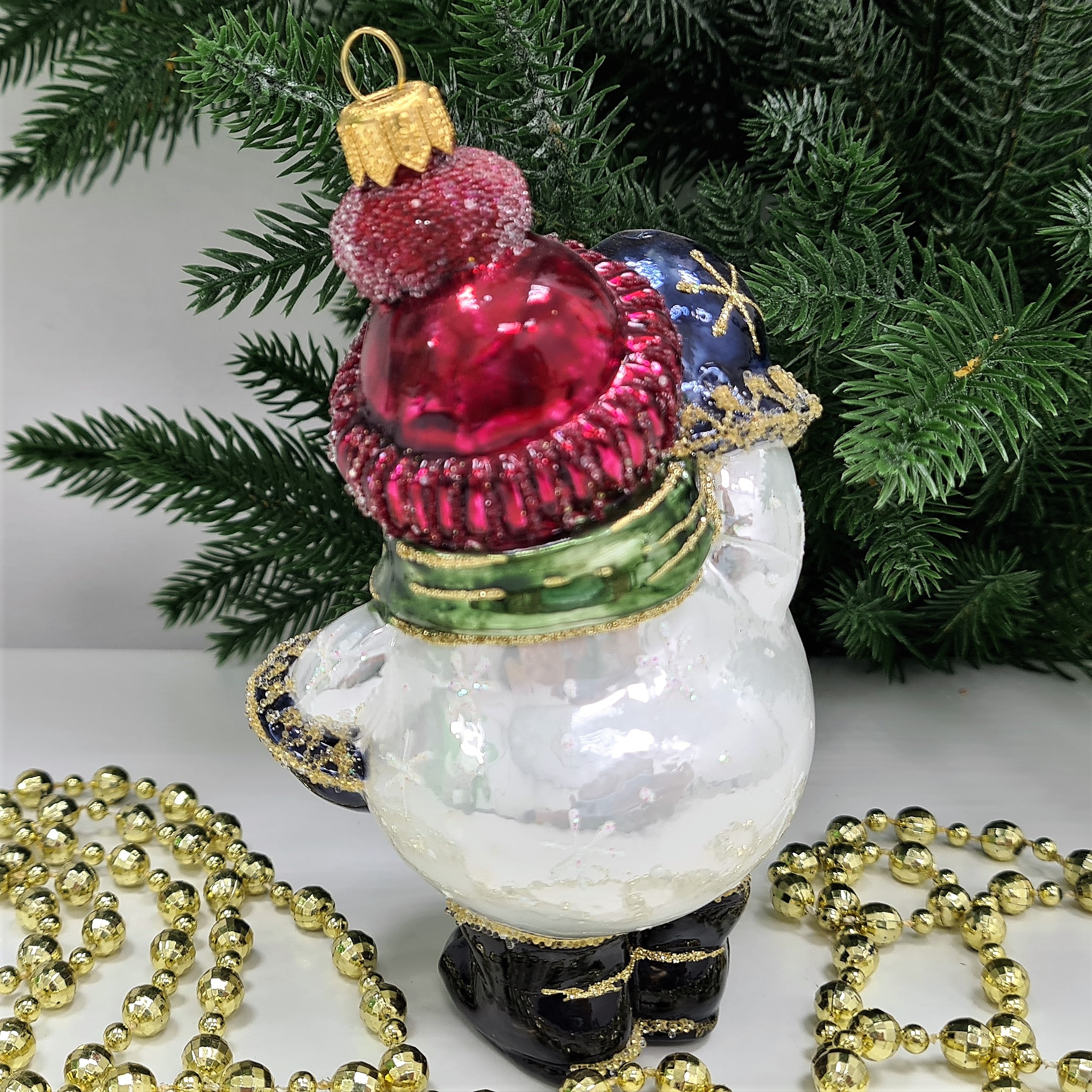 фото Стеклянная елочная игрушка Снеговик с часиками