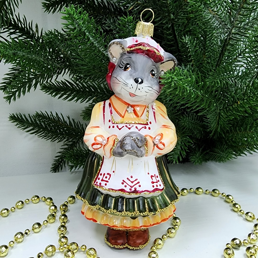 фото Стеклянная елочная игрушка Мышка Хозяйка