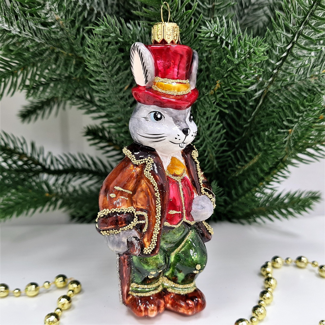 фото Стеклянная елочная игрушка Заяц джентельмен-1