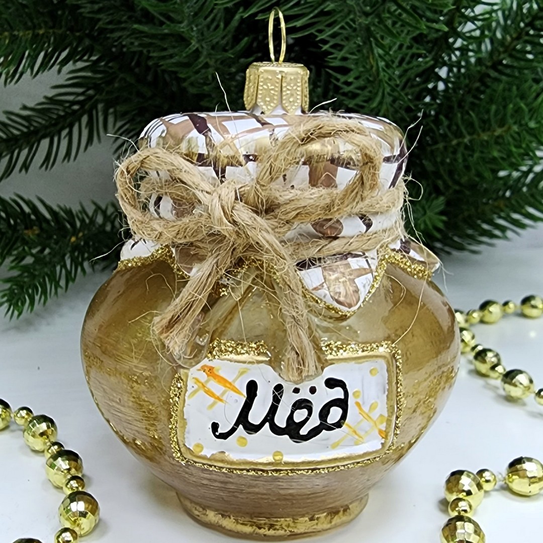 фото Стеклянная елочная игрушка Баночка мёда