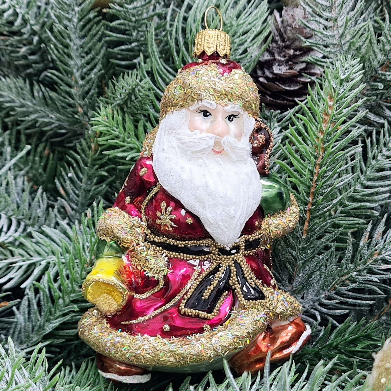 фото Стеклянная елочная игрушка Дед Мороз с колокольчиком