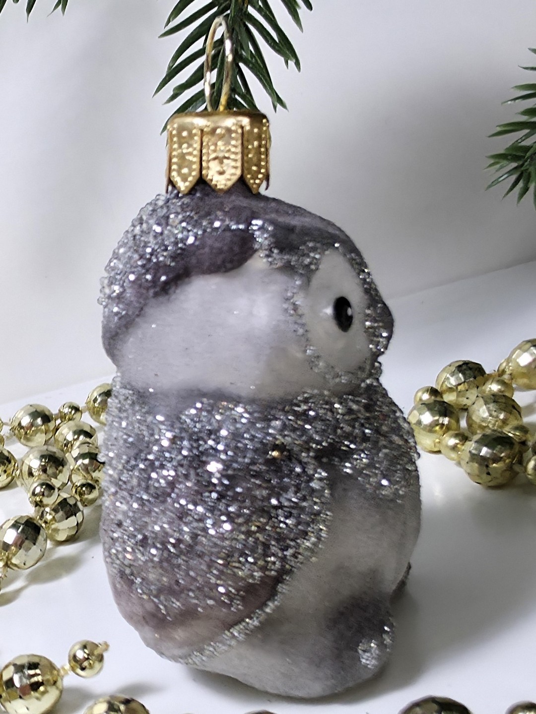 фото Стеклянная елочная игрушка Совушка серая