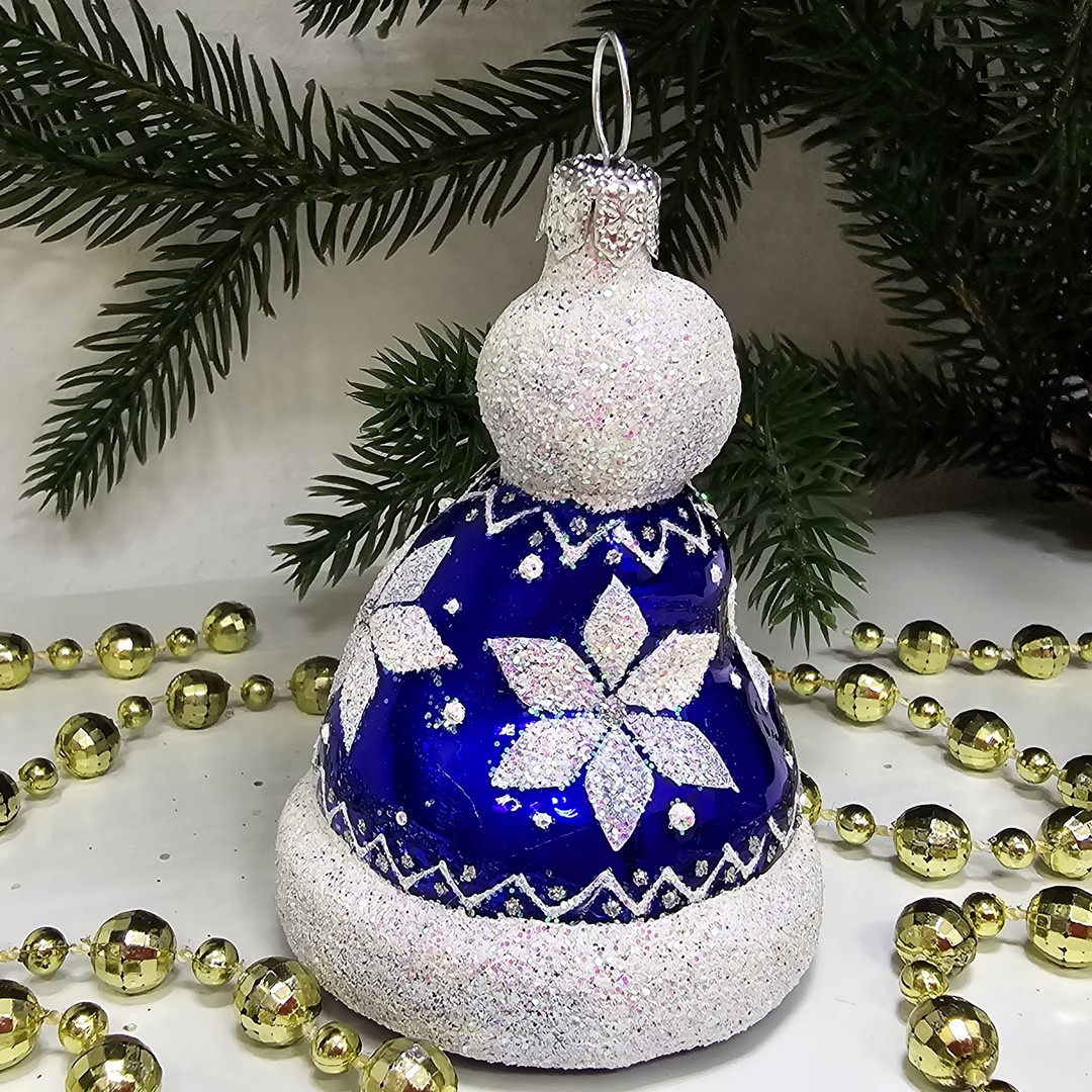 фото Стеклянная елочная игрушка Шапочка синяя