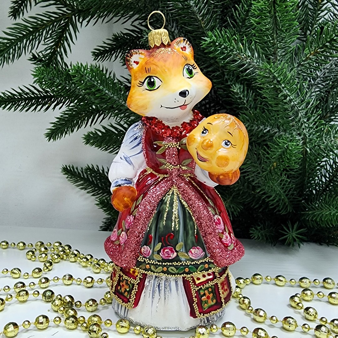 фото Стеклянная елочная игрушка Лиса с колобком