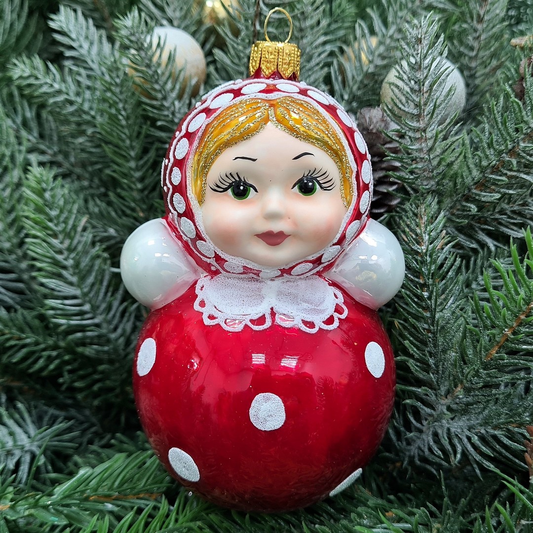 фото Стеклянная елочная игрушка Матрешка-неваляшка
