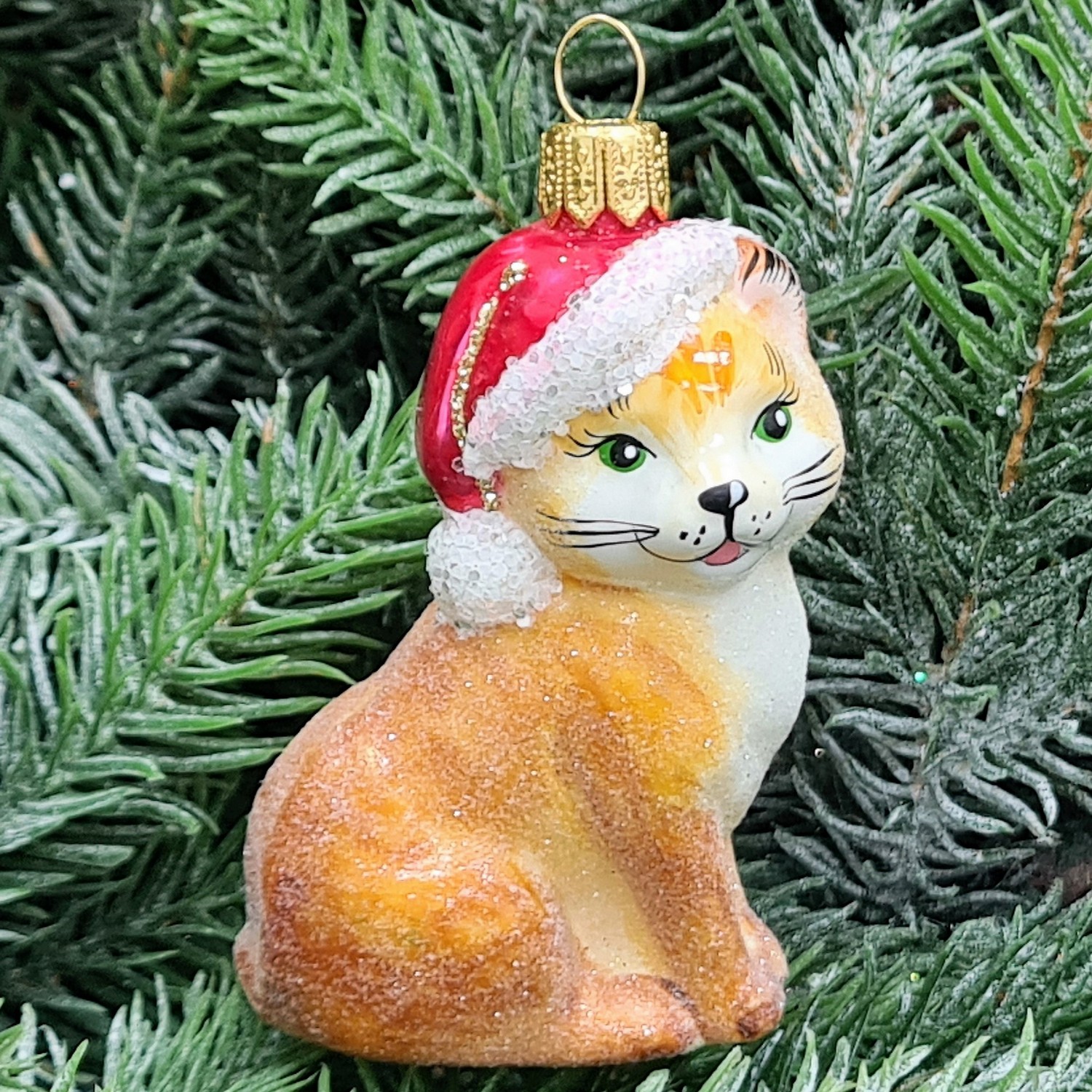 фото Стеклянная елочная игрушка Котик в шапке рыжий