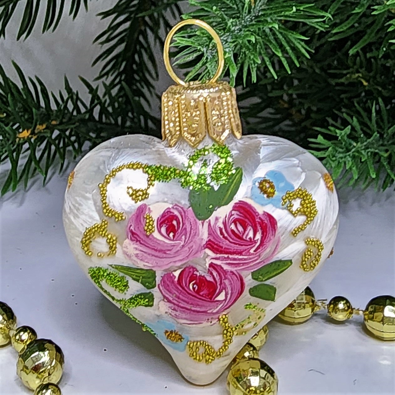 фото Стеклянная елочная игрушка Сердечко версаль малое