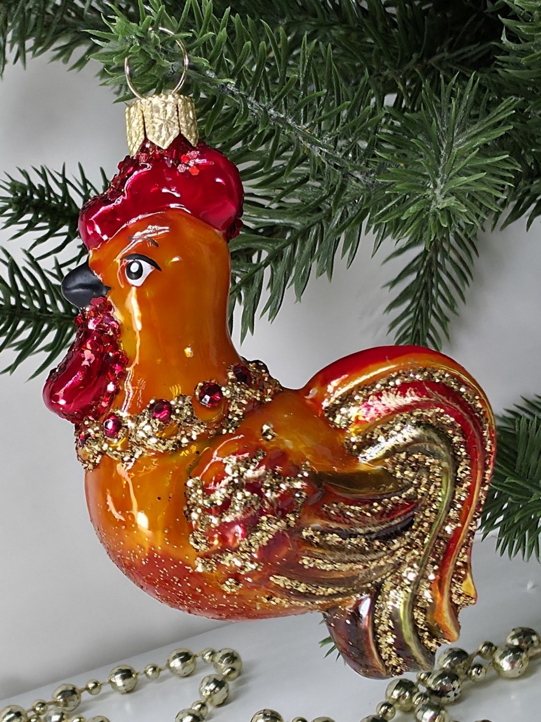 фото Стеклянная елочная игрушка Золотой петушок