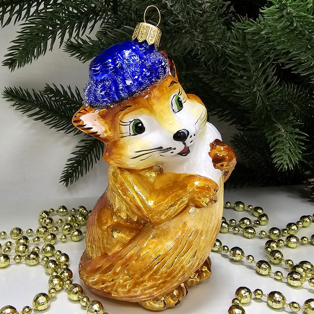 фото Стеклянная елочная игрушка Лисичка в шапке