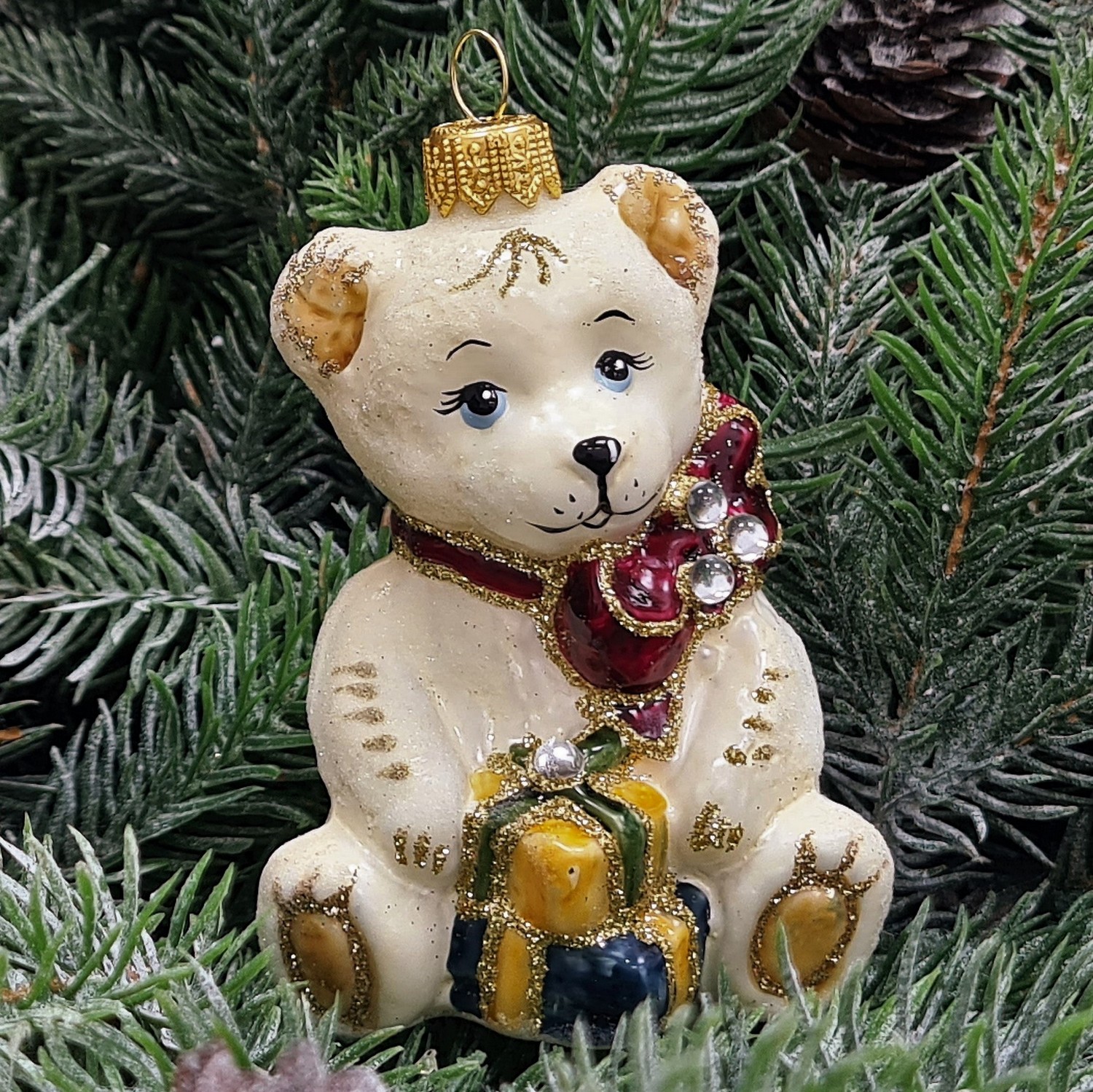 фото Стеклянная елочная игрушка Мишка с подарками