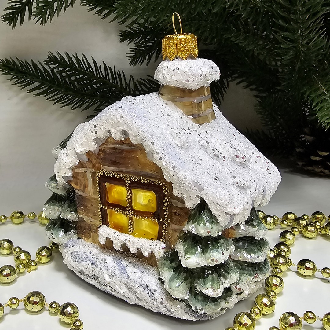 фото Стеклянная елочная игрушка Домик с олененком