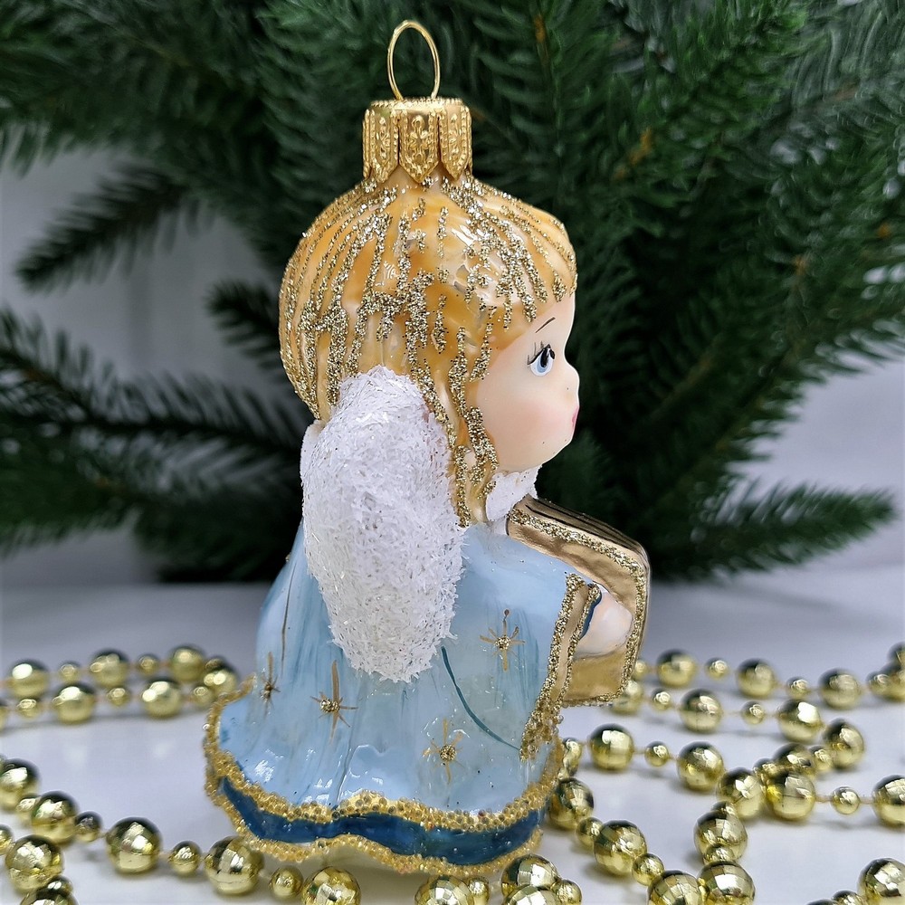 фото Стеклянная елочная игрушка Ангелочек с книгой