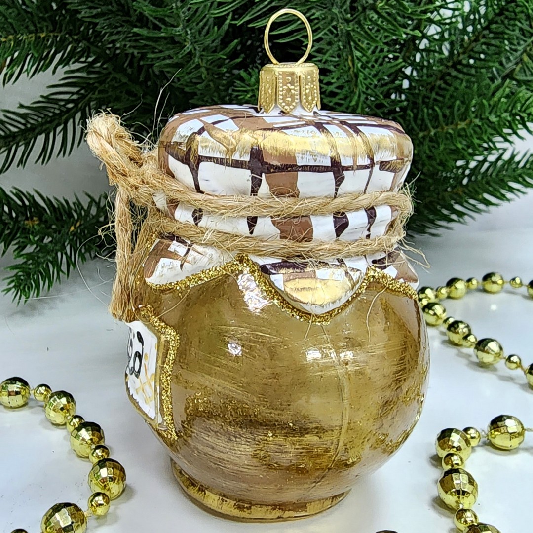 фото Стеклянная елочная игрушка Баночка мёда