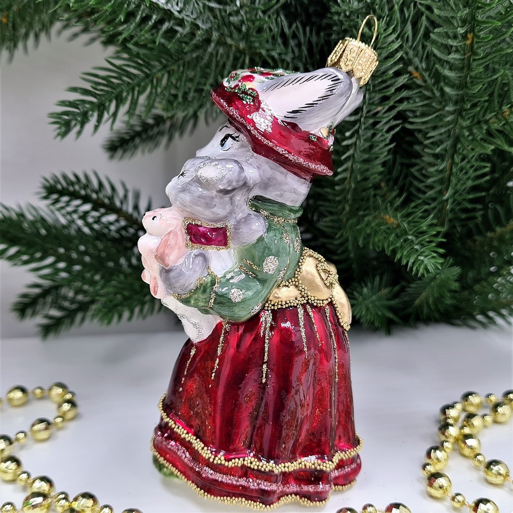 фото Стеклянная елочная игрушка Зайчиха с зайчатами