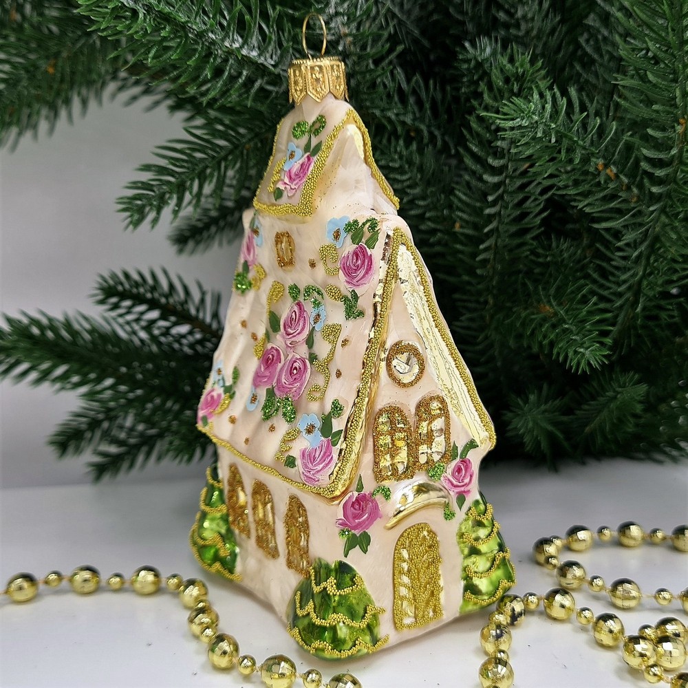 фото Стеклянная елочная игрушка Домик с острой крышей версаль