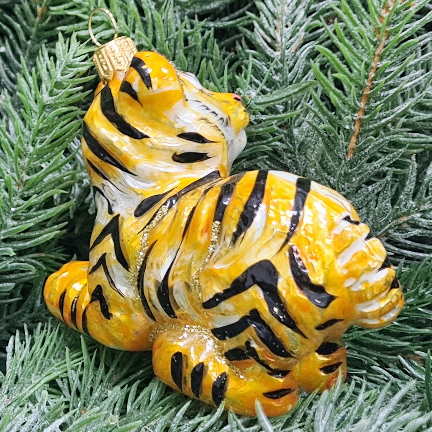 фото Стеклянная елочная игрушка Тигренок играет