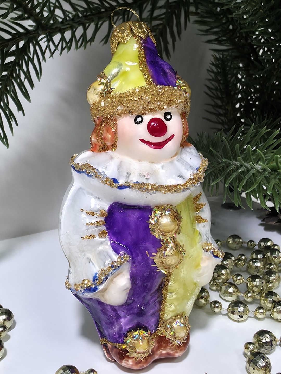 фото Стеклянная елочная игрушка Клоун в жабо малый