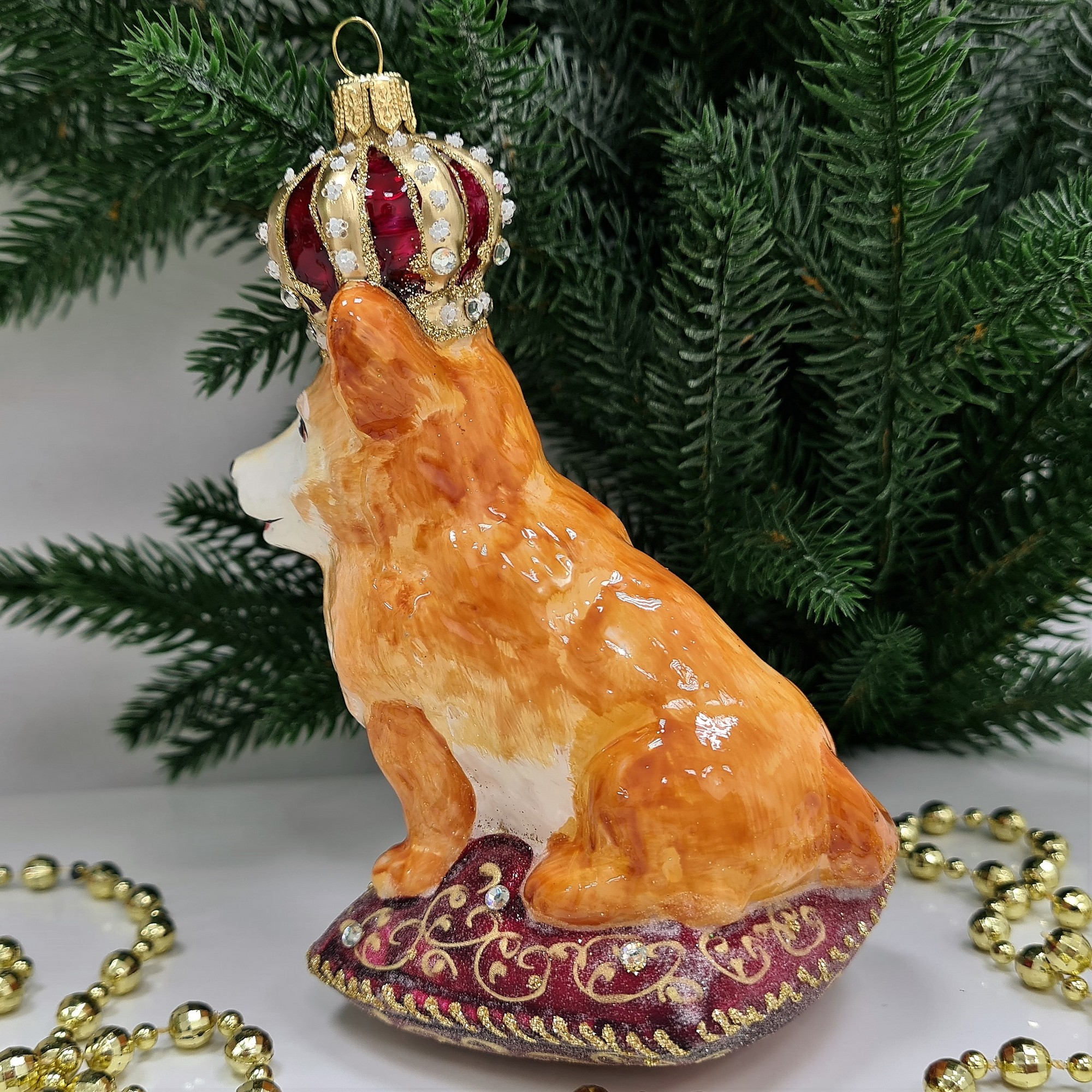 фото Стеклянная елочная игрушка Корги в короне