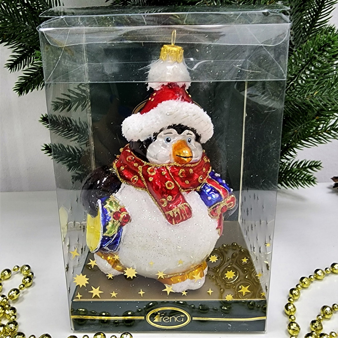 фото Стеклянная елочная игрушка Пингвин с барабаном