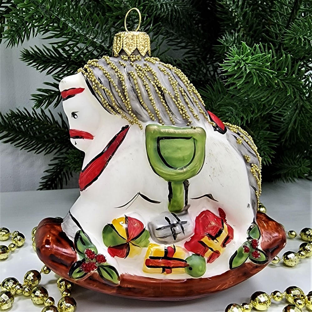 фото Стеклянная елочная игрушка Лошадка-качалка винтаж