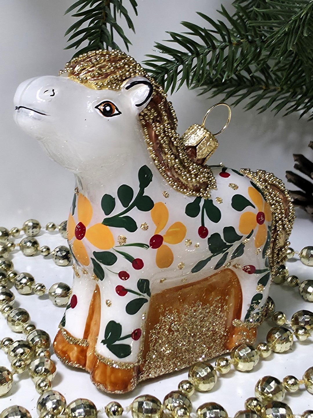 фото Стеклянная елочная игрушка Лошадка расписная