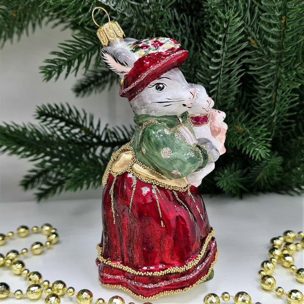 фото Стеклянная елочная игрушка Зайчиха с зайчатами