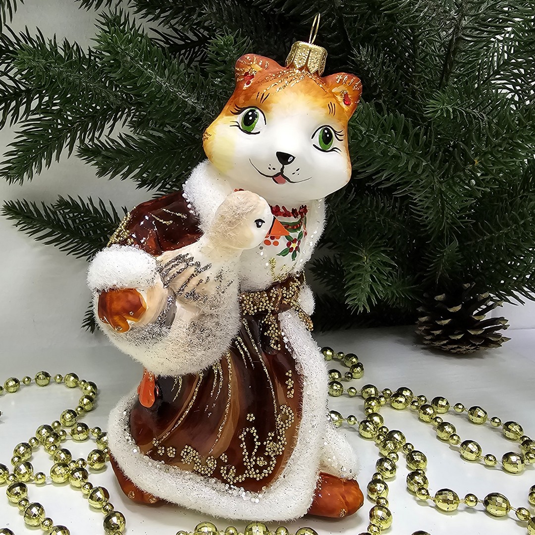 фото Стеклянная елочная игрушка Лиса с гусем