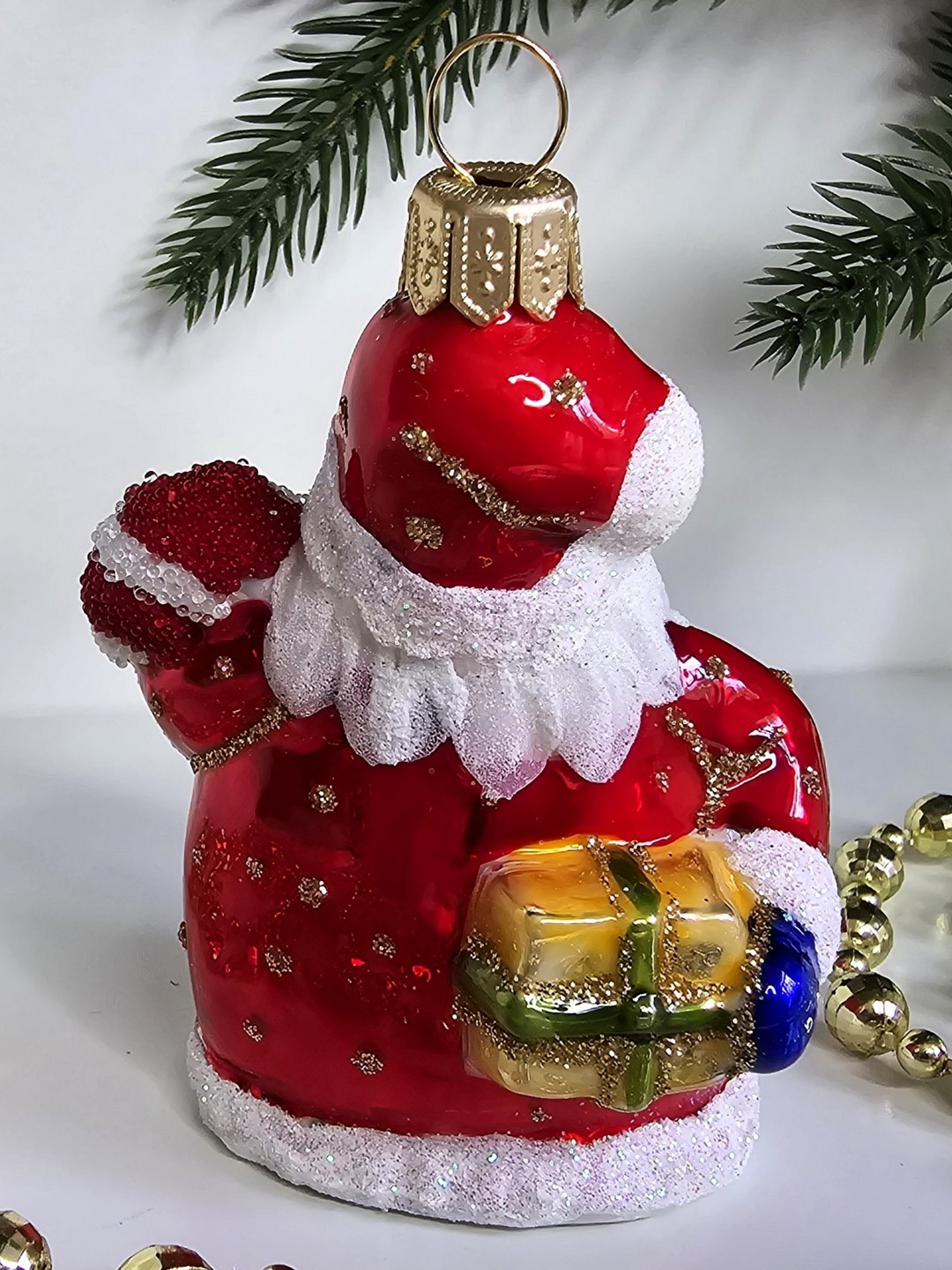 фото Стеклянная елочная игрушка Санта с посохом