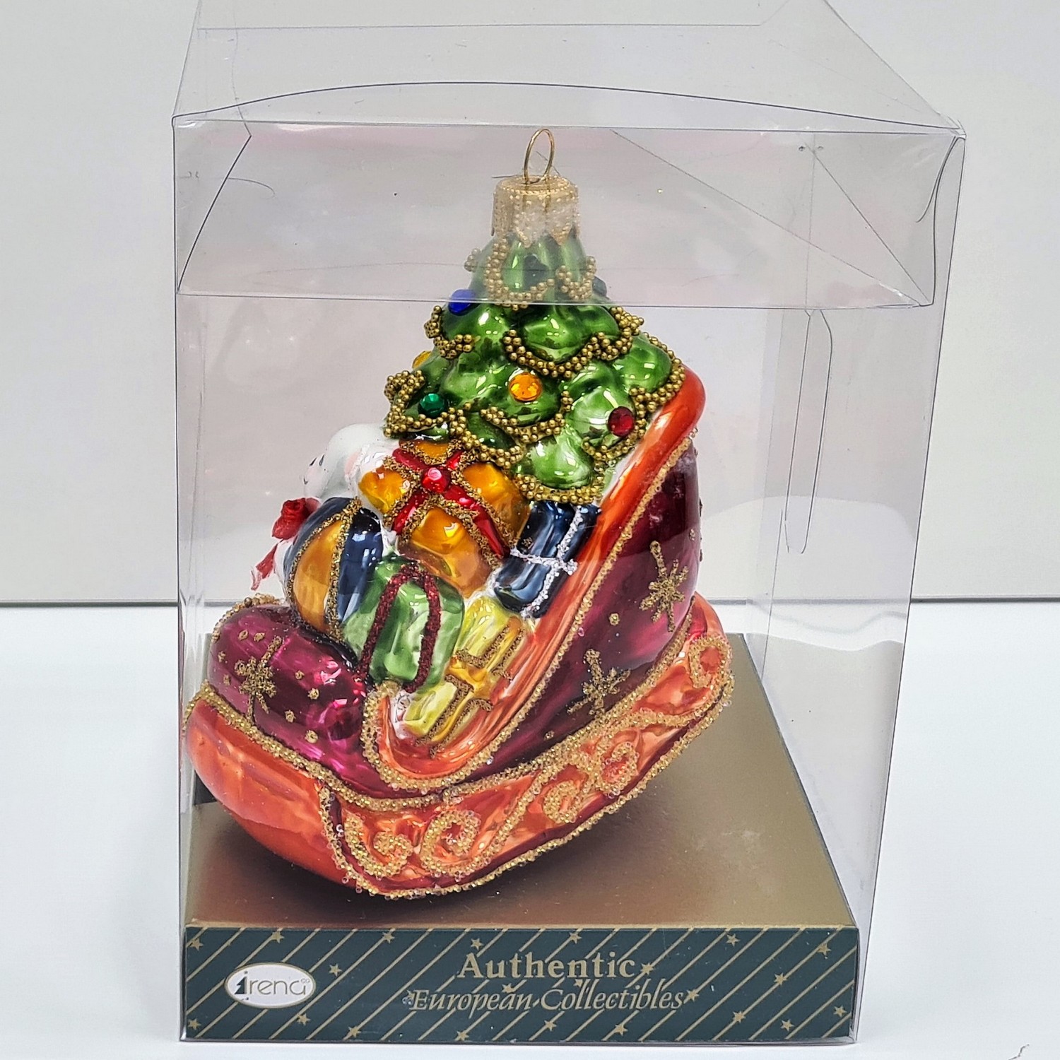 фото Стеклянная елочная игрушка Сани с подарками эмаль