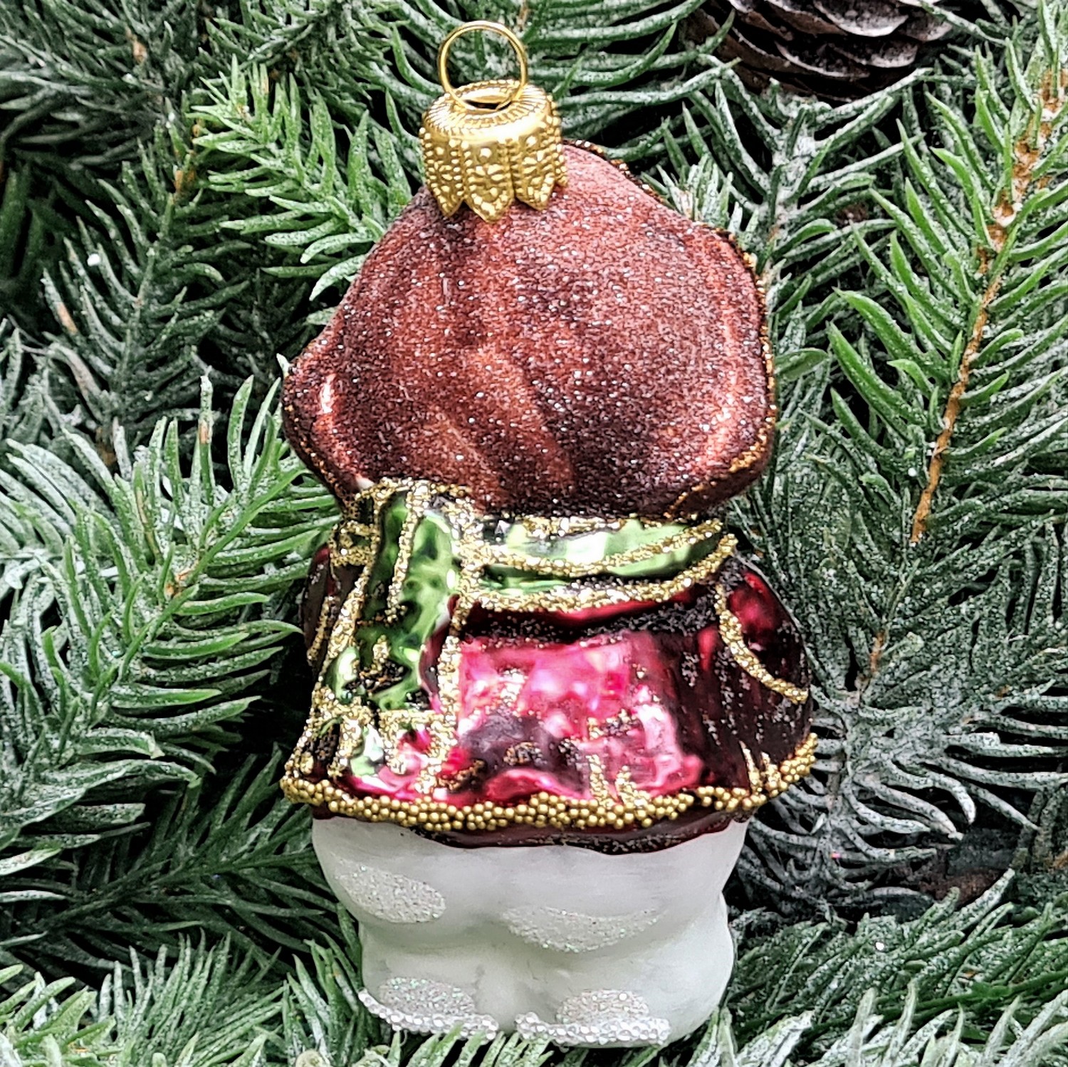 фото Стеклянная елочная игрушка Снеговик с подарком винтаж