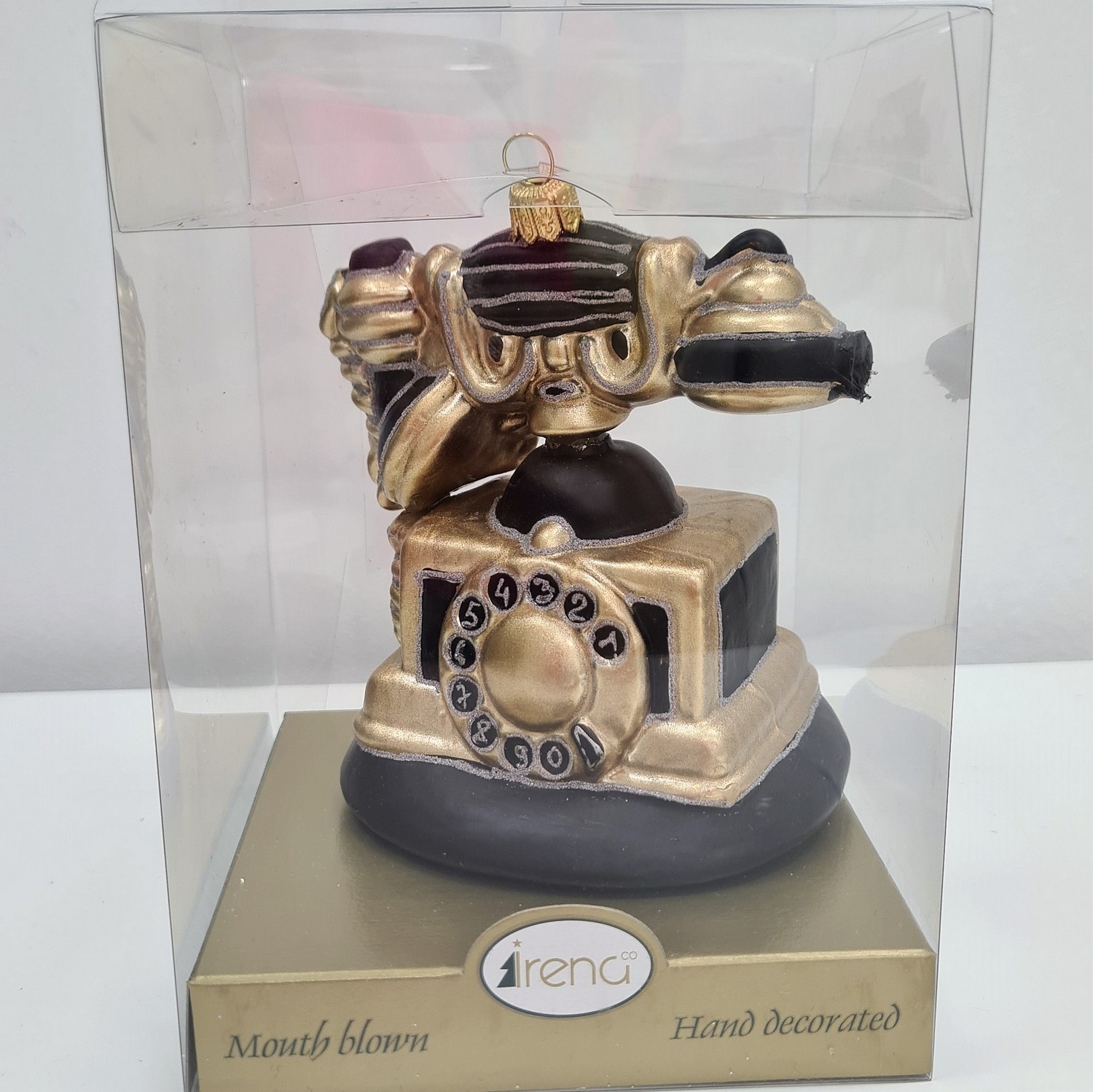 фото Стеклянная елочная игрушка Ретро телефон черный с золотом